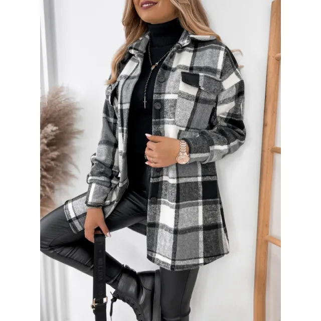 Long Sleeve Single breasted Plaid Printed Blouse Collar Woolen Coat Black - Shop at LoveMi