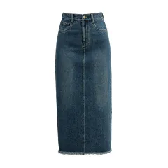 Women's Retro High Waist Raw Hem Denim Skirt - Blue - View 1