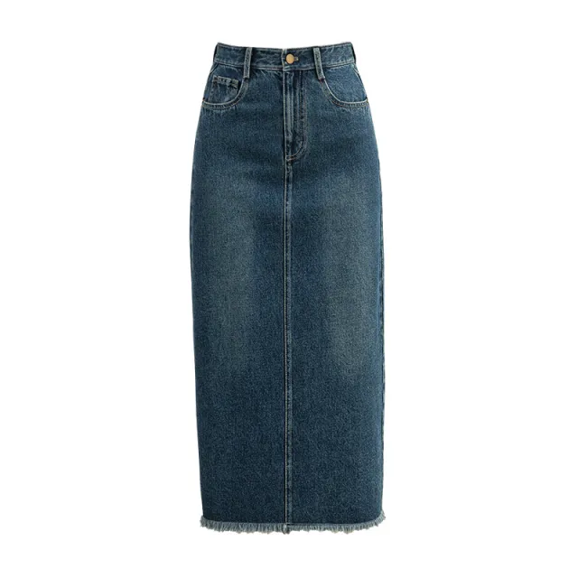 Women's Retro High Waist Raw Hem Denim Skirt Blue - Shop at LoveMi
