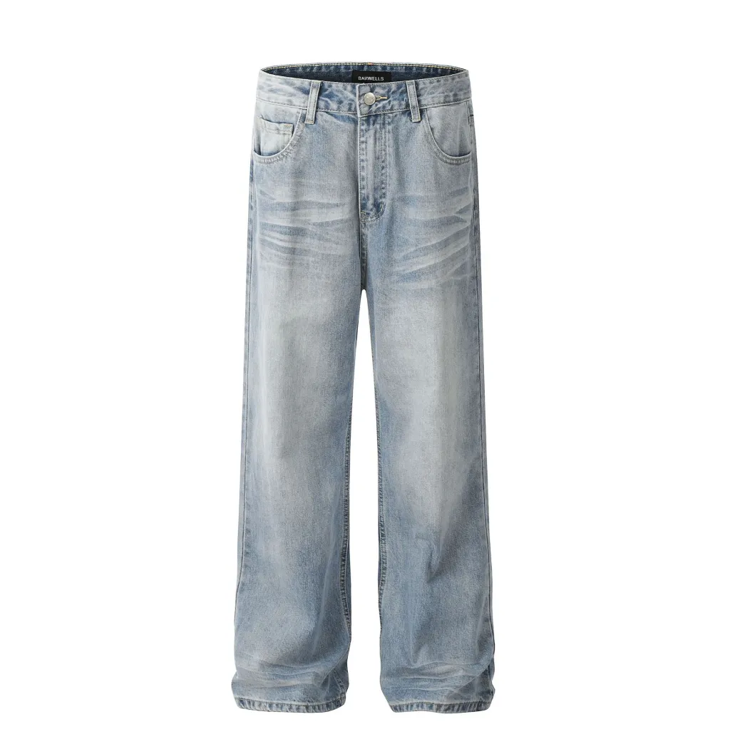 American Street Fashion High Street Wash Simple Loose Denim Trousers - Blue