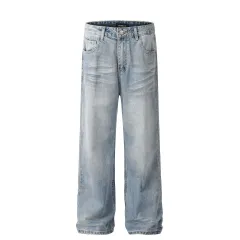 American Street Fashion High Street Wash Simple Loose Denim Trousers - Blue - View 1