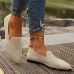 Slip-on Low-cut Breathable Pointed Flying Woven Flat Pumps Women - Beige - View 1