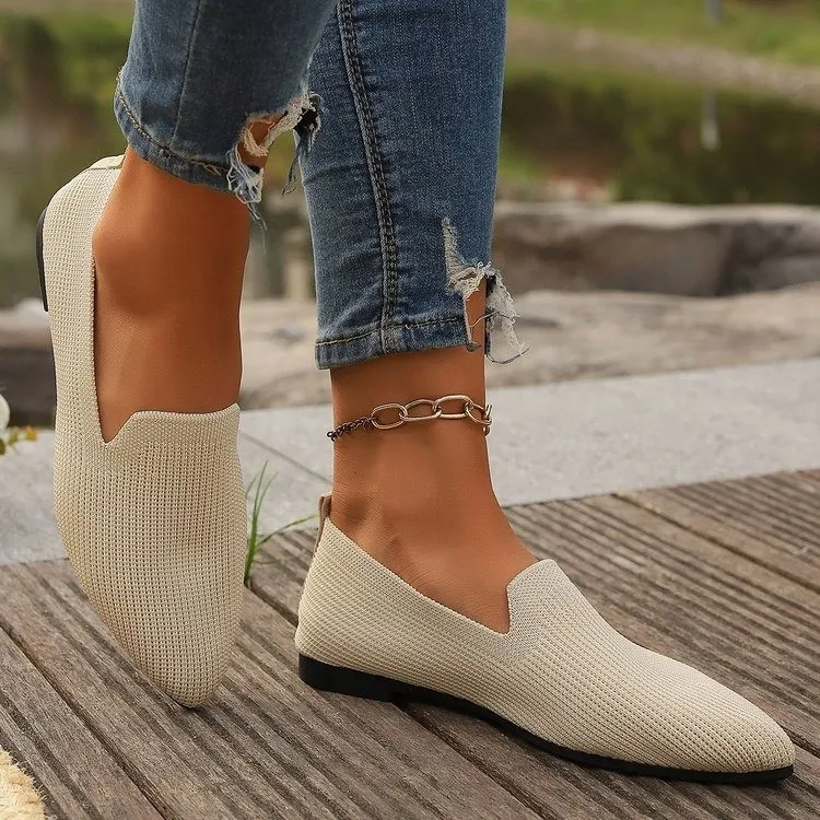 Slip-on Low-cut Breathable Pointed Flying Woven Flat Pumps Women - Beige