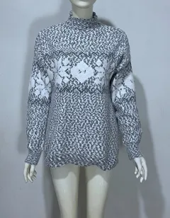 Embroidered Jacquard Pullover Loose Bottoming Shirt Mock Neck Sweater Coat - Black - View 1