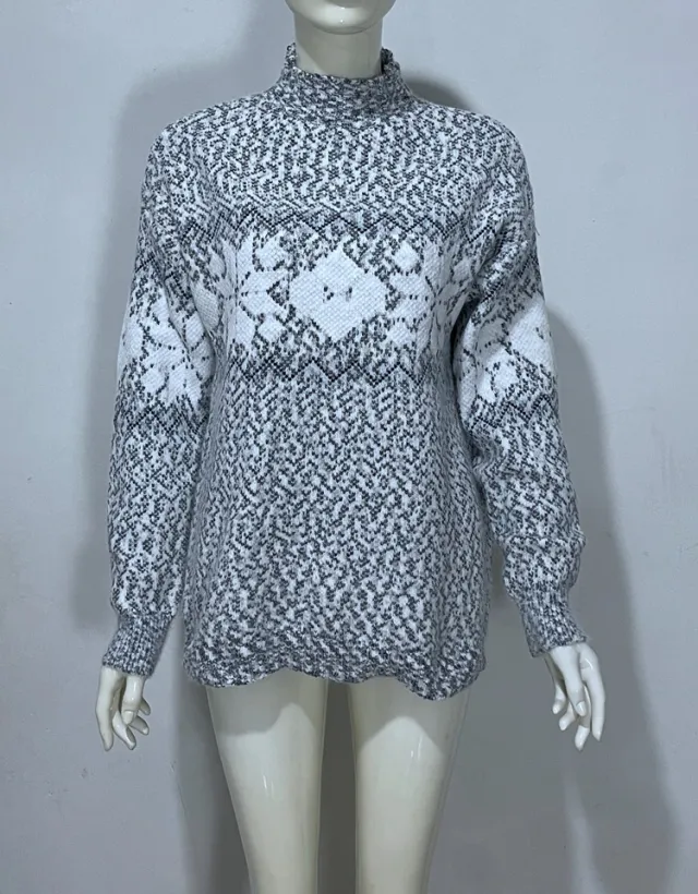 Embroidered Jacquard Pullover Loose Bottoming Shirt Mock Neck Sweater Coat Black - Shop at LoveMi