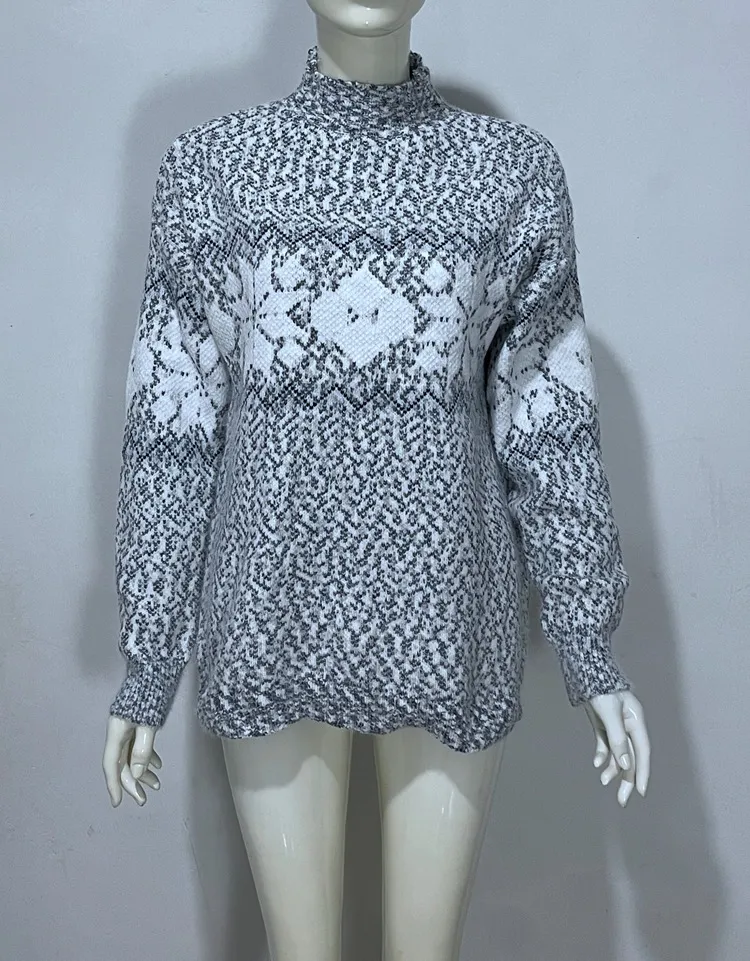 Embroidered Jacquard Pullover Loose Bottoming Shirt Mock Neck Sweater Coat - Black