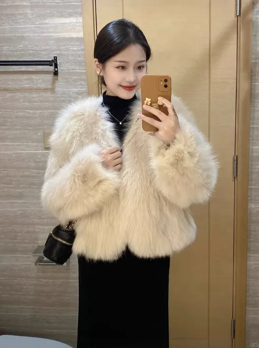 Fuzzy Short V neck Coat Apricot - Shop at LoveMi