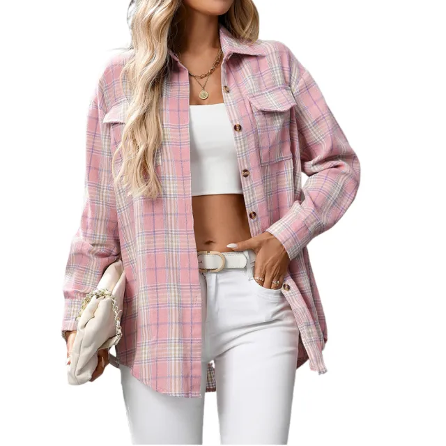Casual Fashion Loose Plaid Pocket Shirt For Women Pink - Shop at LoveMi