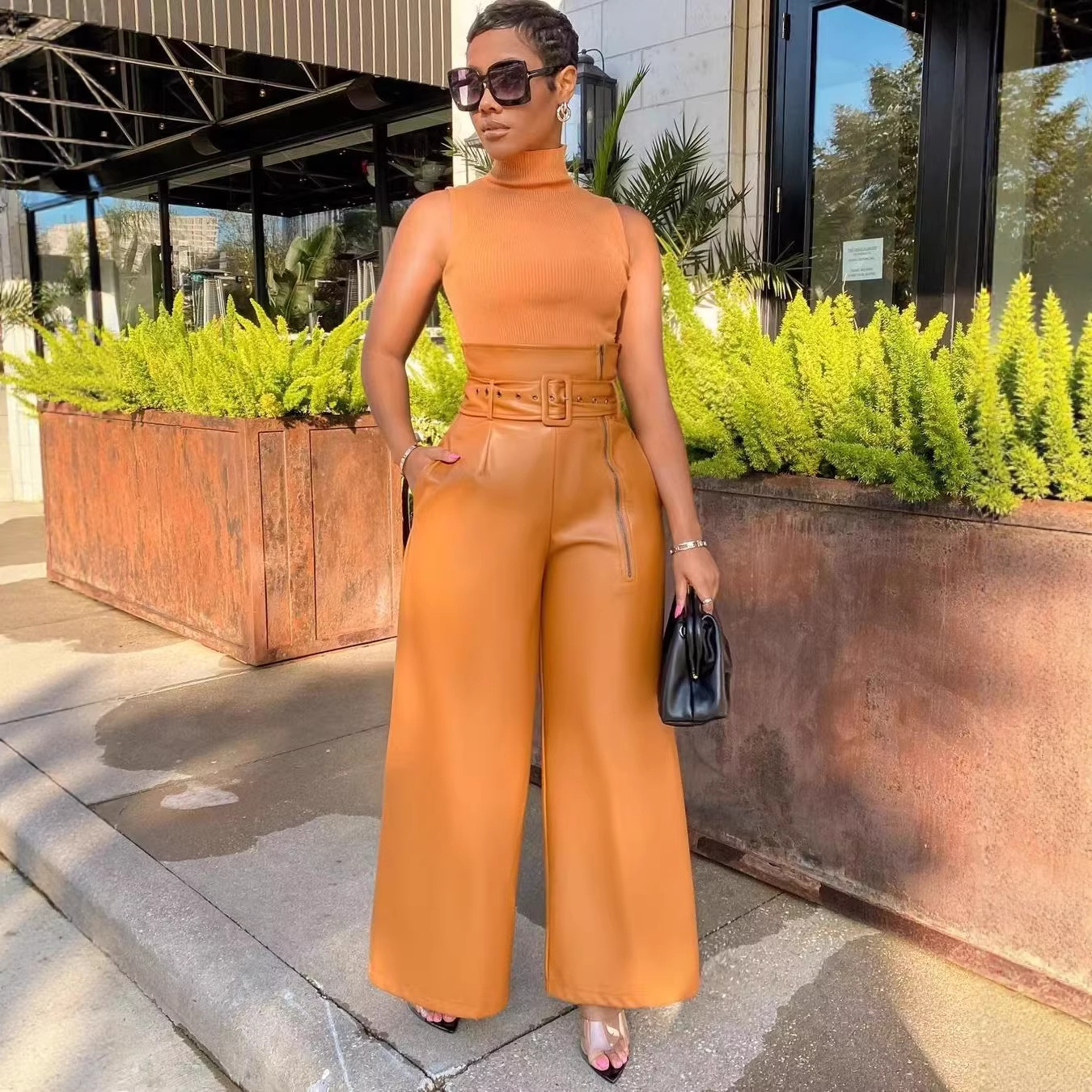 Womens PU High-waisted Wide-leg Pants - Image 3