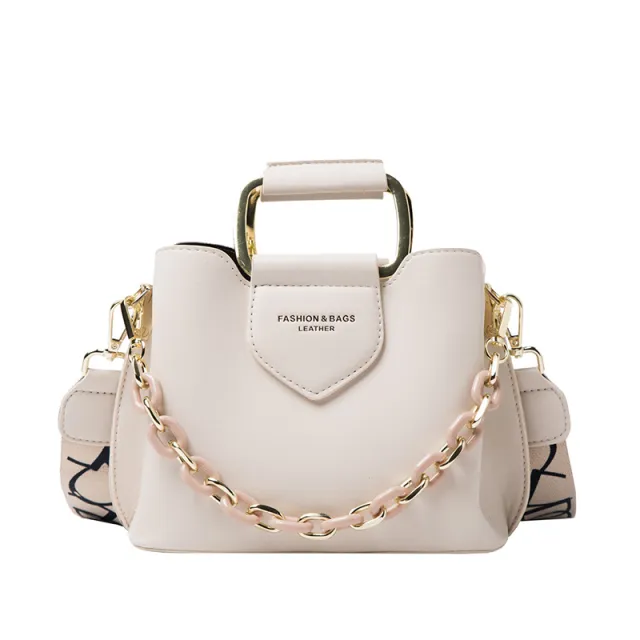 Trendy Bucket Fashionable Simple Shoulder Female Chain Commuter Hand carrying Bag Beige - Shop at LoveMi