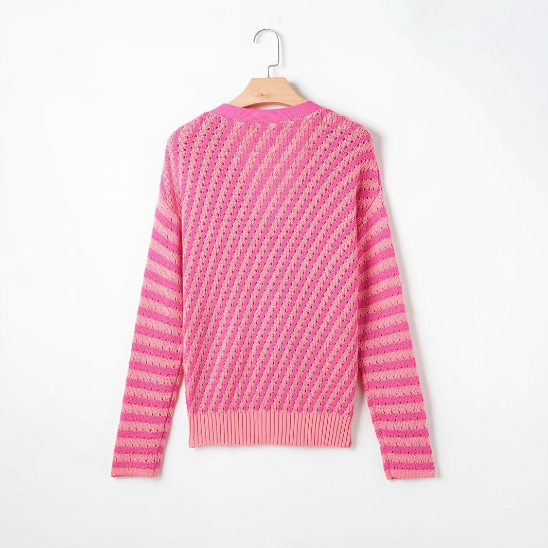 Patchwork Stripes V-neck Loose All-match Women's Cardigan Sweater - Image 3