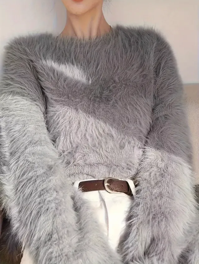 Women's Thickened Solid Color Versatile Crew Neck Sweater Gray - Shop at LoveMi
