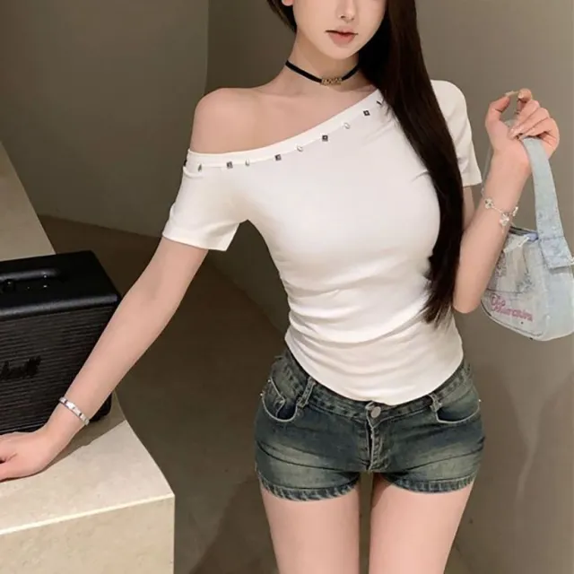 Womens Asymmetrical Off Shoulder Short Sleeve Slim Fit Top White - Shop at LoveMi