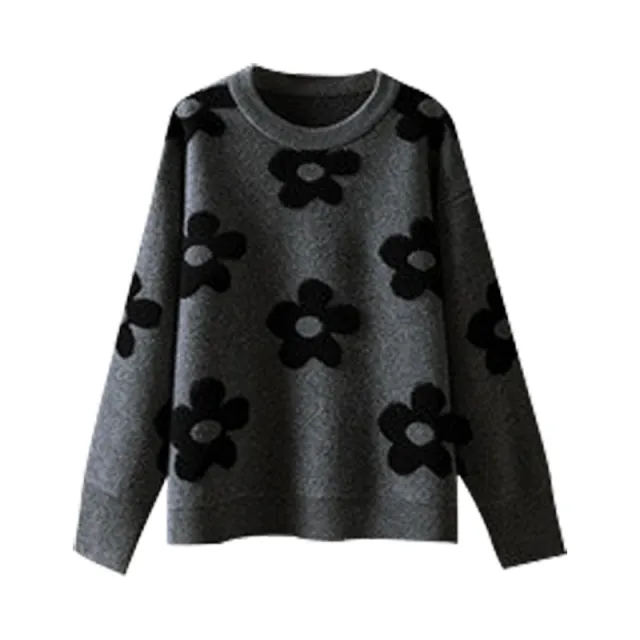 Idle Style Soft Glutinous Suit Flower Long Sleeve Sweater Gray Top - Shop at LoveMi