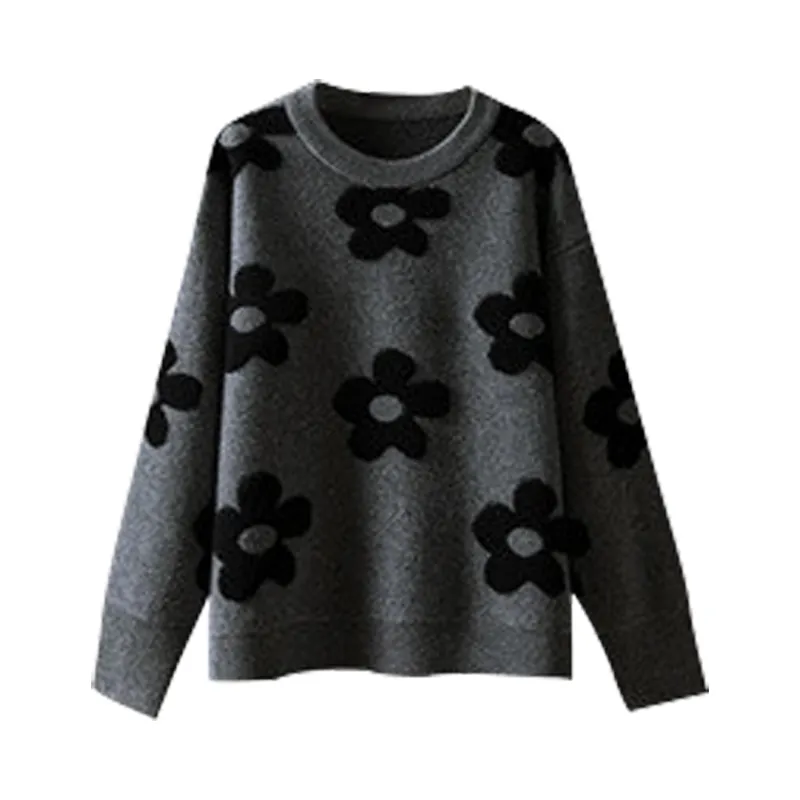 Idle Style Soft Glutinous Suit Flower Long Sleeve Sweater - Gray Top