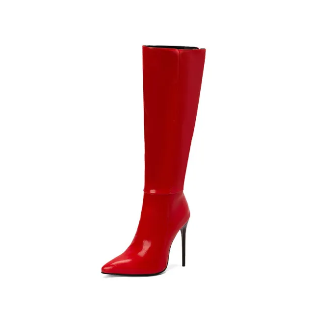 Autumn And Winter New Women Pointed Toe Stiletto Heel Side Zipper Below The Knee Boots Red - Shop at LoveMi