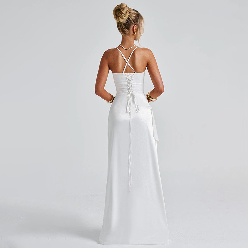 Women's Back Strap Slit Evening Dress Solid Color Sling Dress