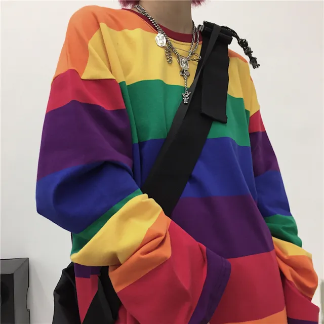 Women's New Rainbow Striped Long Sleeve T shirt Rainbow - Shop at LoveMi