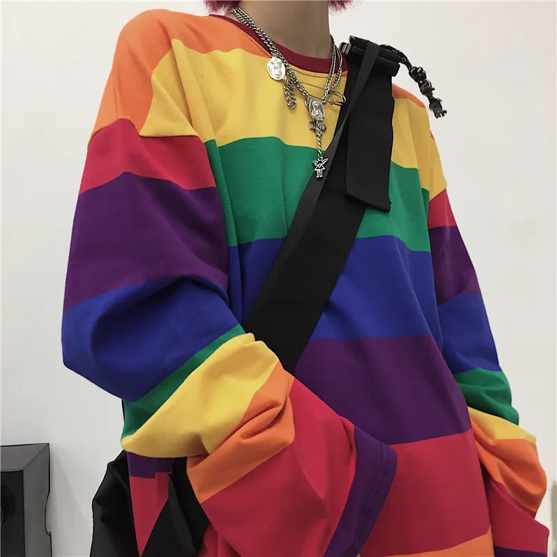 Women's New Rainbow Striped Long Sleeve T-shirt - Rainbow