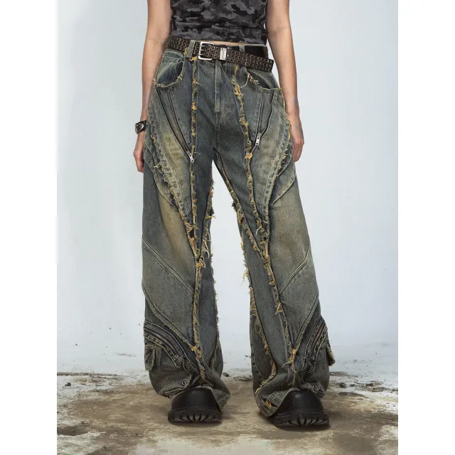 Heavy Industry Destroyed Raw Edge Stitching Jeans Retro Wide Leg Trousers Blue - Shop at LoveMi