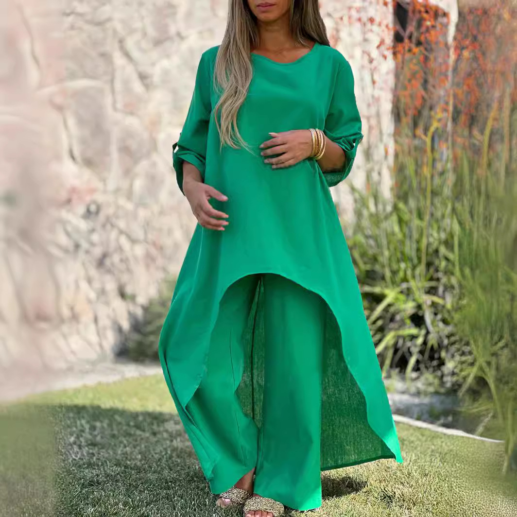 Women's Cotton And Linen Fashion Casual Plus Size Irregular Long Sleeve Wide Leg Pants Two-piece Suit