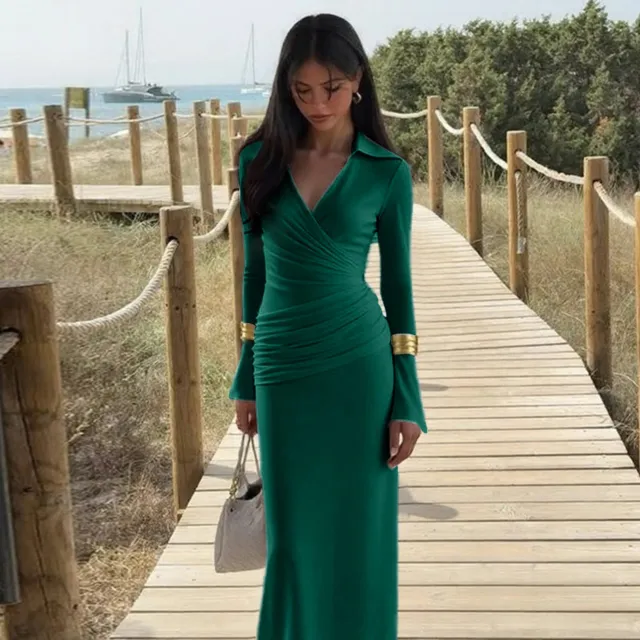 Womens Elegant Waist cinching V neck Long sleeve Dress Green - Shop at LoveMi