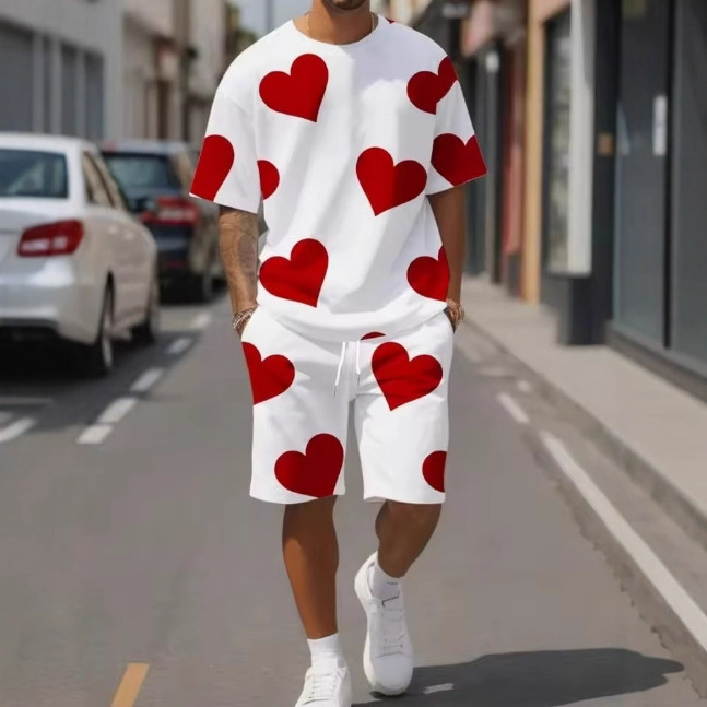 Mens 3D-printed Crew-neck Short-sleeve Shorts Set
