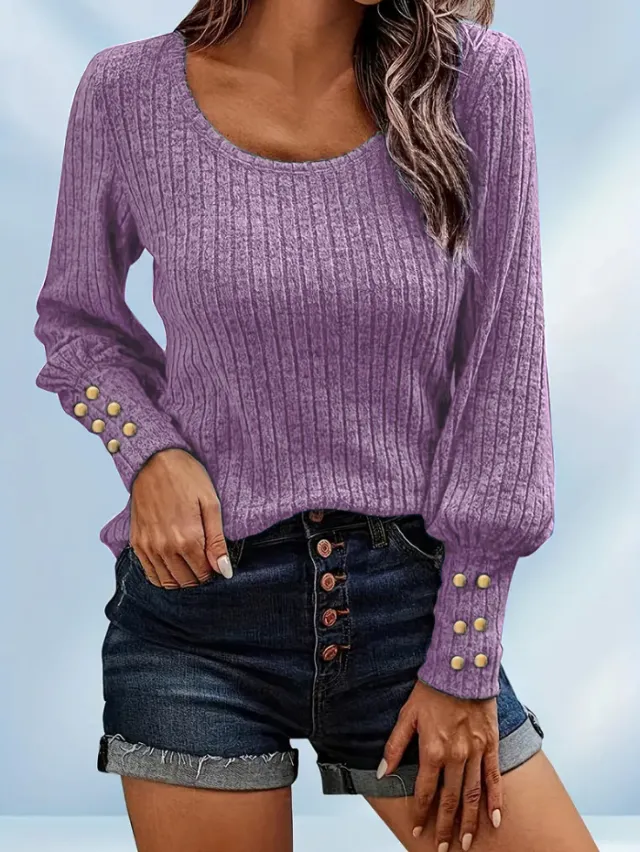 Solid Color Button Round Neck Long Sleeve Sweater Purple - Shop at LoveMi