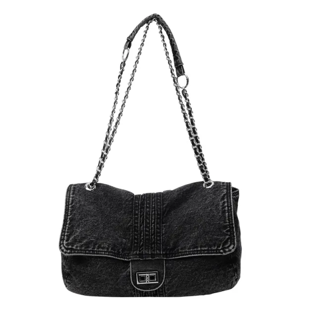 Denim Fashion Large Capacity Chain Commuter Tote Wandering Shoulder Bag Black - Shop at LoveMi