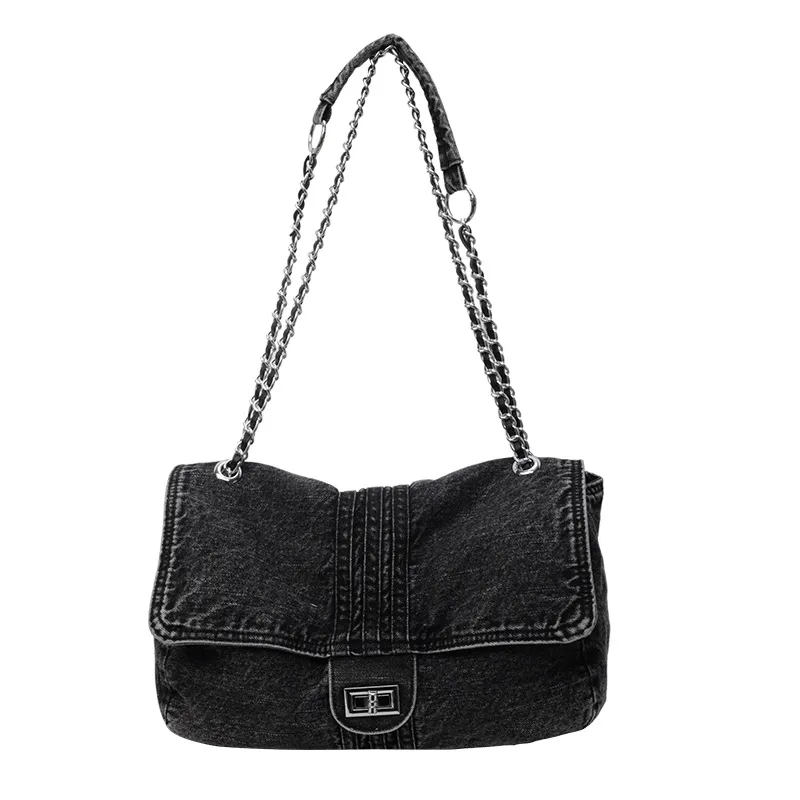 Denim Fashion Large Capacity Chain Commuter Tote Wandering Shoulder Bag - Black