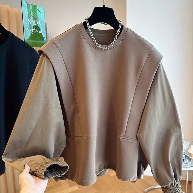 Niche Loose Casual Round Neck Pullover Shirt Stitching Two Pieces Sweater Top Brown - Shop at LoveMi
