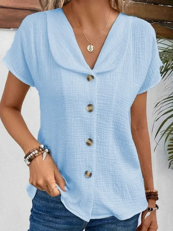 Summer Solid Color Fashion Short sleeved Cardigan Button Women's Top Blue - Shop at LoveMi