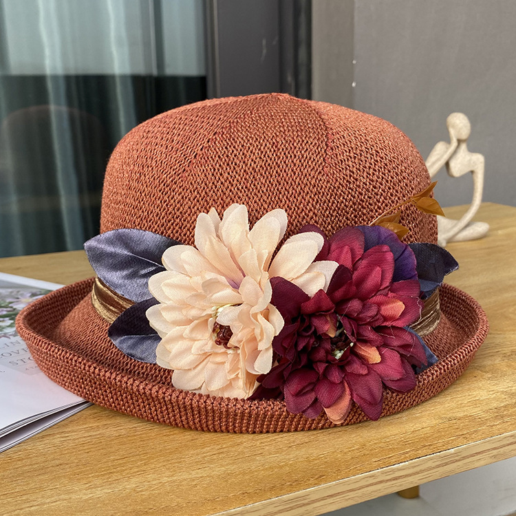 Elegant Off the face hat Round Crown Women's Fashionable Knitted Breathable Bucket Hat Red - Shop at LoveMi