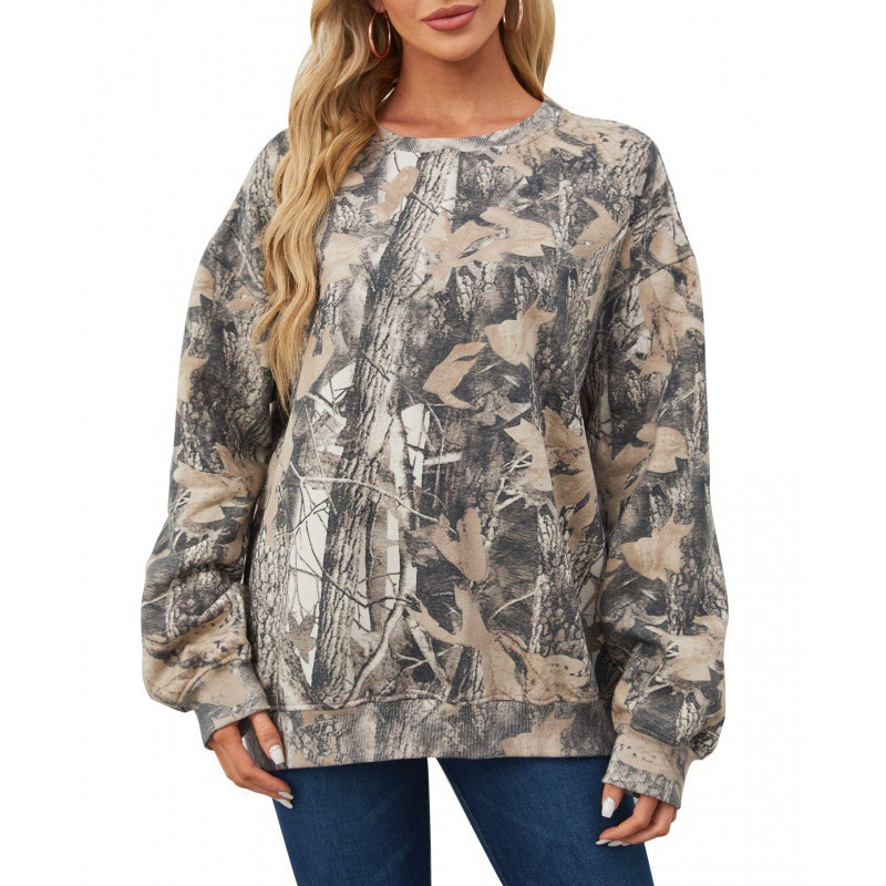 Camouflage Sweatshirt Maple Leaf Printed Crew Neck Sweatshirt
