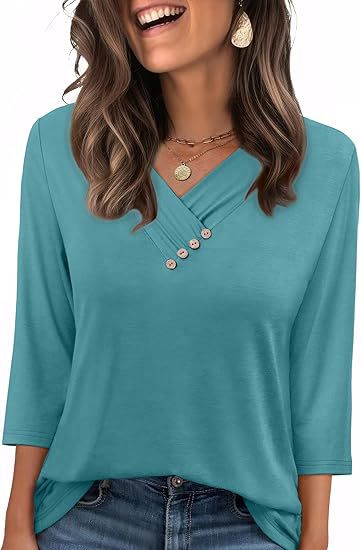 Blue green casual button v-neck women’s pullover