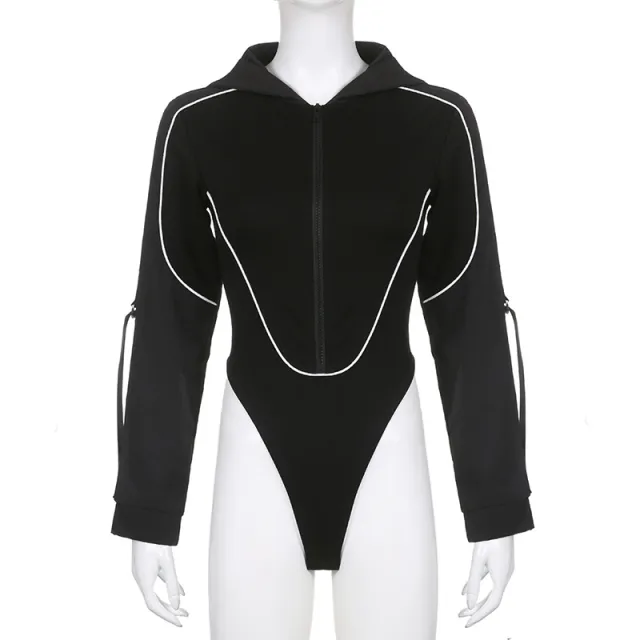 American Street Cool Locomotive Style Ribbon Zipper Hooded Long Sleeve Jumpsuit Black - Shop at LoveMi