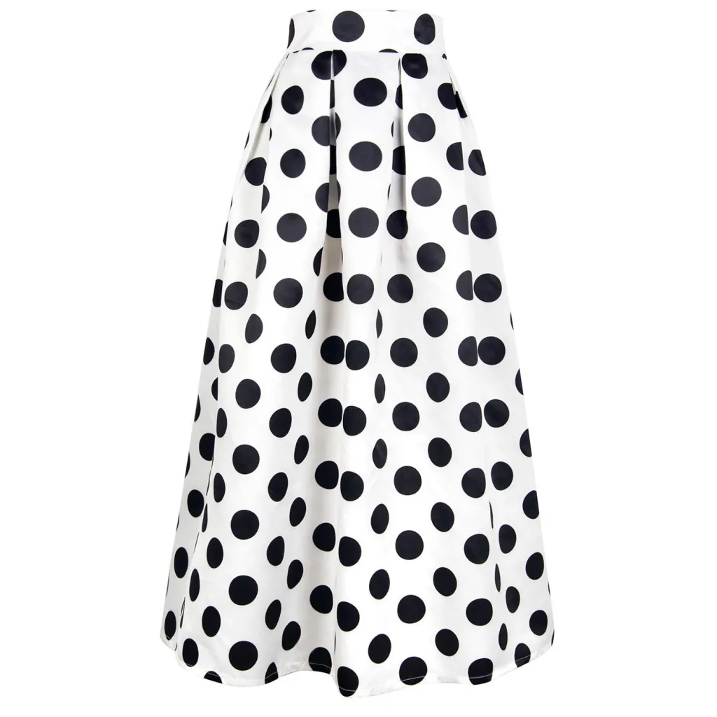 Skirt Retro Dots Large Swing Mid Skirt High Waist A- Line Skirt - White