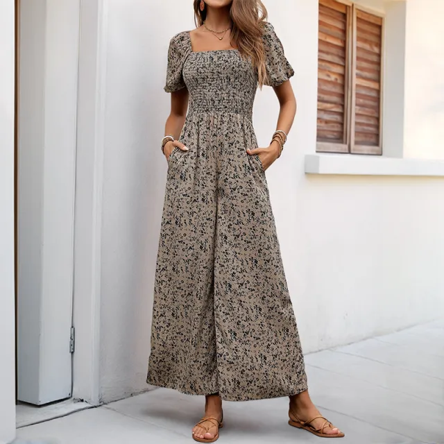 Fashion Women's Wide leg Pants Printed Jumpsuit Apricot - Shop at LoveMi
