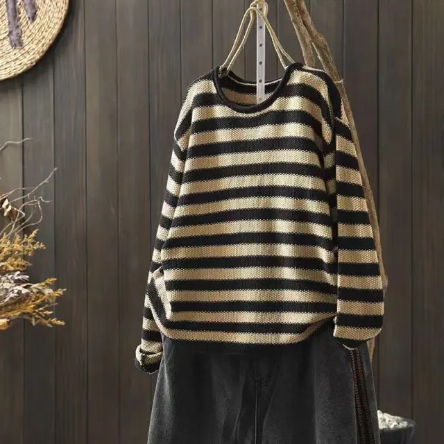 Artistic Plus Size Contrast Color Striped Knitted Sweater Black - Shop at LoveMi