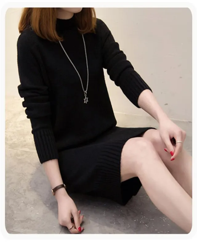 Loose Mid length Women's Knitted Dress Black - Shop at LoveMi