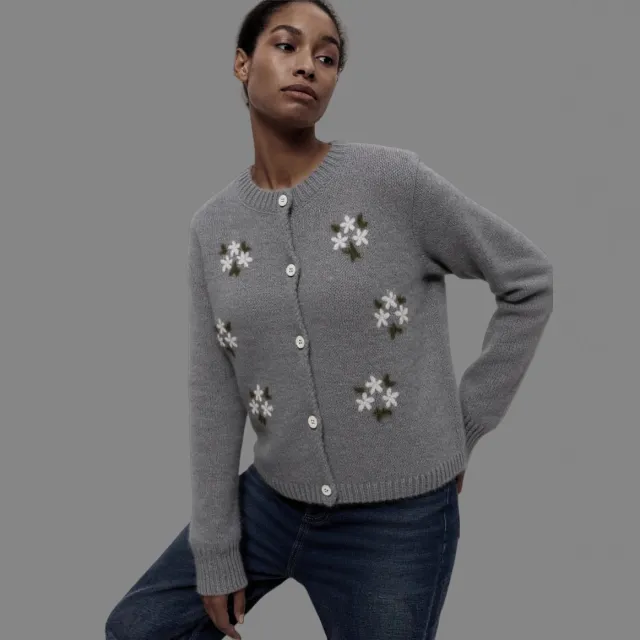 Korean Style Round Neck Embroidered Knitted Cardigan Sweater Coat Gray - Shop at LoveMi