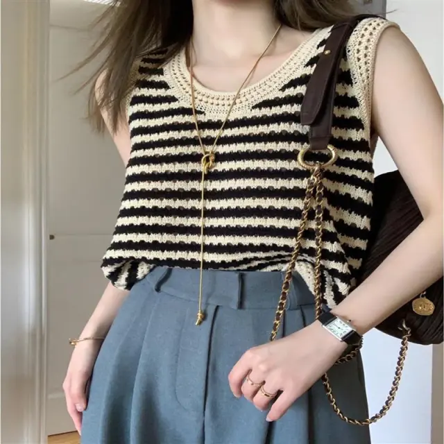 American Striped Knitted Camisole Vest Black - Shop at LoveMi