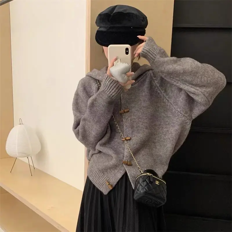 Hooded Sweater Coat Women's Unique Chic Design Is Extremely Beautiful Horn Button