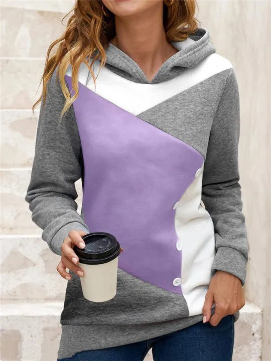 Casual Loose Hooded Color Contrast Women's Sweater Fleece Shirt Purple - Shop at LoveMi