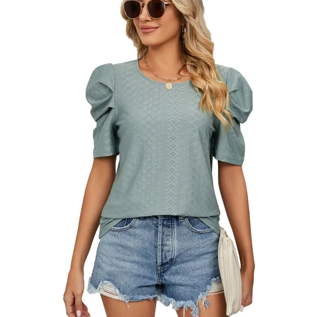 New Solid Color Round Neck Pleated Oversleeves Loose fitting T shirt Top Women Dark Green - Shop at LoveMi