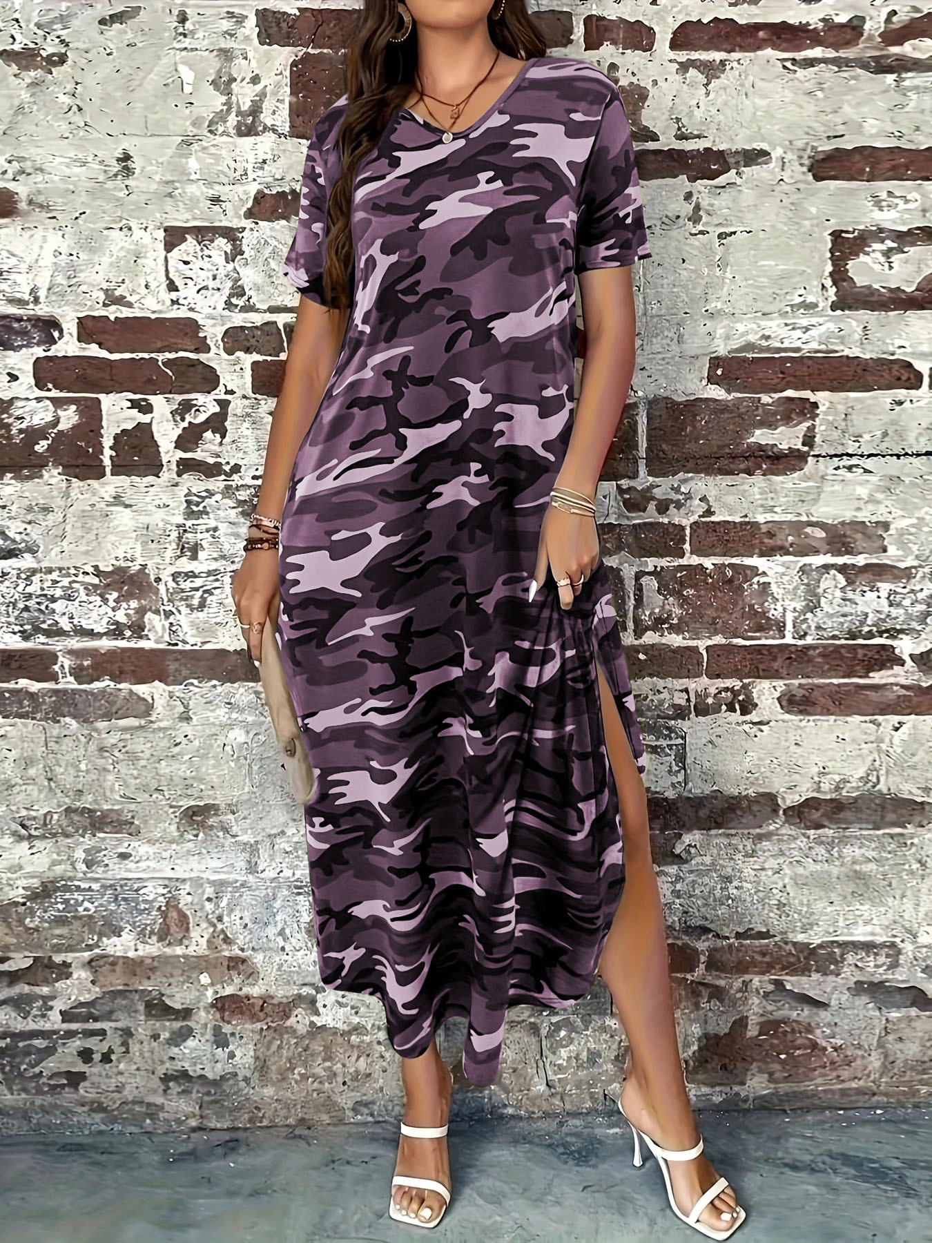 Camouflage Print Dress Women's Comfortable Casual Purple - Shop at LoveMi