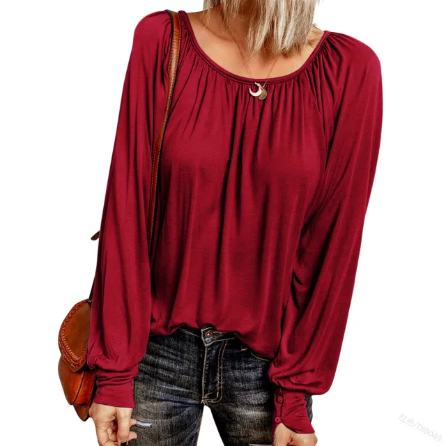 Solid Color Crew Neck Casual Pleated Long sleeved Top For Women Red - Shop at LoveMi