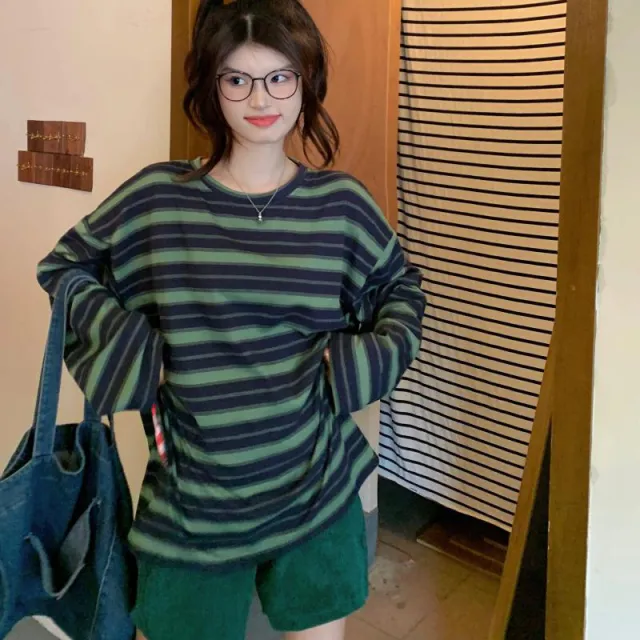 Large Size Striped Loose Slimming Long Sleeves T shirt Preppy Style Top Blue And Green - Shop at LoveMi