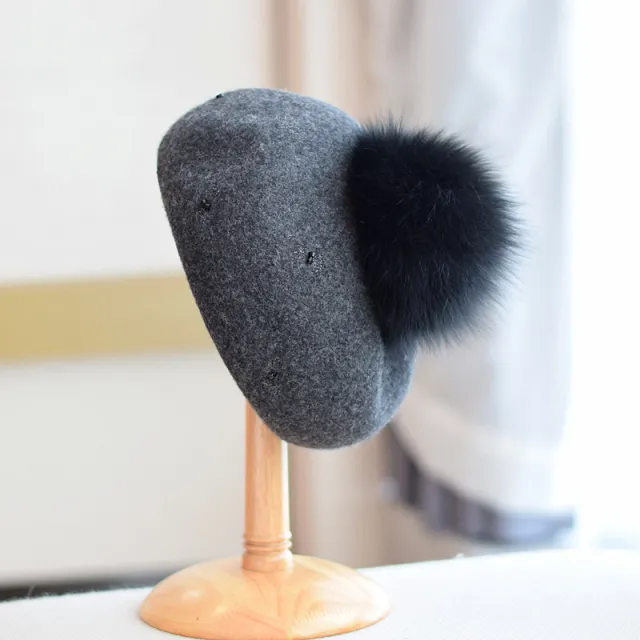 Women's Autumn And Winter Fox Fur Ball Vintage Wool Hat Gray Black - Shop at LoveMi