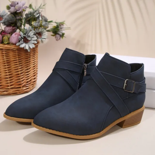 Fashionable Chunky Heel Leather Belt Clasp Side Zip Ankle Boots Blue - Shop at LoveMi